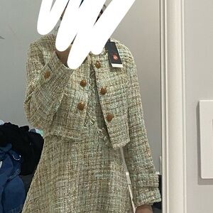 Women's Business Casual/ Professional Tweed Jacket and Dress Set - Green
